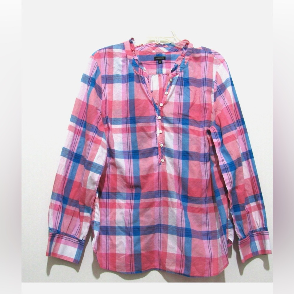 TALBOTS Women’s Pink & Blue Plaid Boho Ruffle Half Button Shirt  Blouse Size S